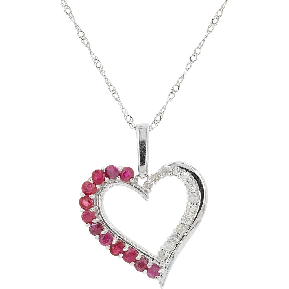 10K White Gold Open Heart Pendant with Prong-Set Round Rubies and Diamond Accents - 0.60 Carat Total Ruby Weight and 0.13 Carat Total Diamond Weight