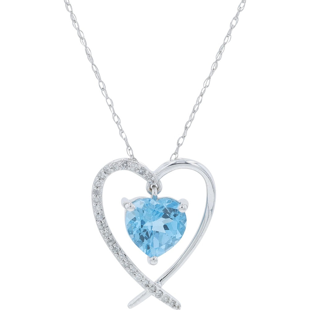 10K White Gold Open Heart Pendant with Prong-Set Swiss Blue Topaz and 0.08 Carat Diamond Accents