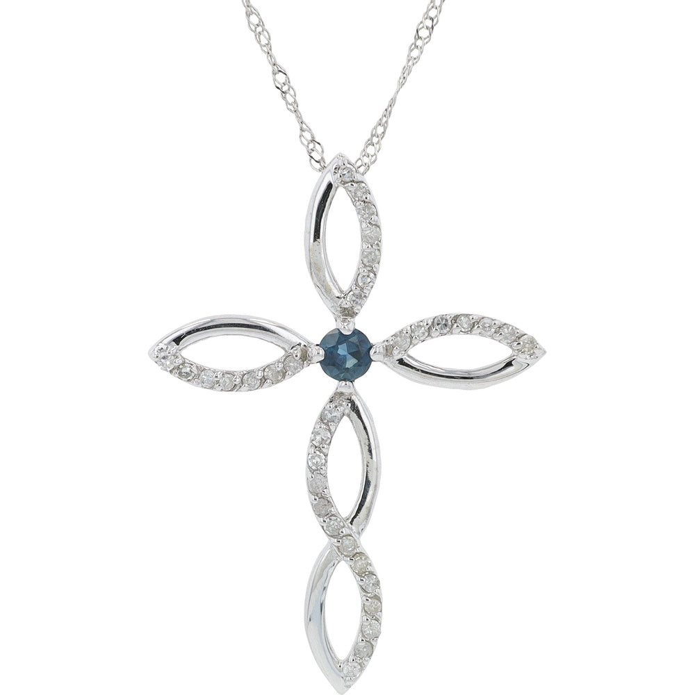 10K White Gold Open Marquise Cross Pendant with 0.14 Carat Round Blue Sapphire and 0.17 Carat Diamond Accents