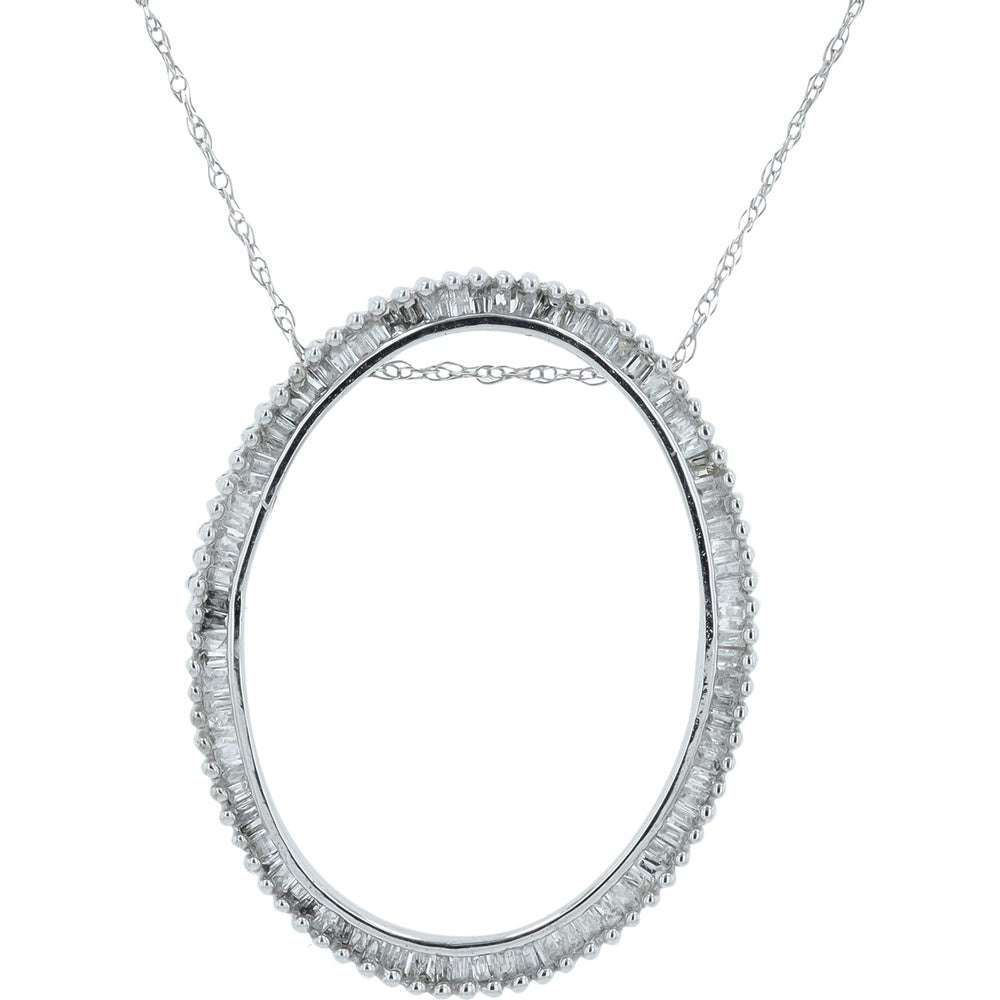 10K White Gold Open Oval Pendant with Channel-Set Baguette Diamonds - 1/2 Carat Total Diamond Weight