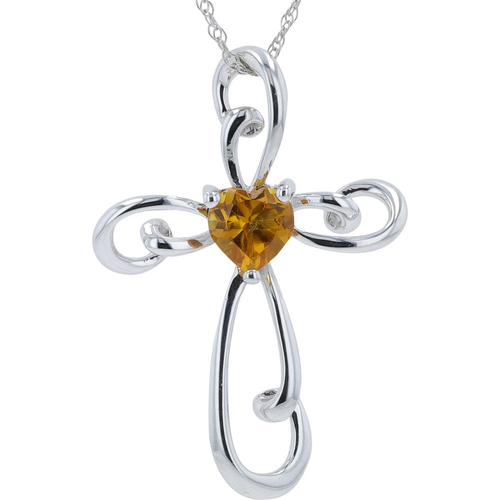 10K White Gold Open-Swirl Cross Pendant with Heart-Shaped Citrine Gemstone
