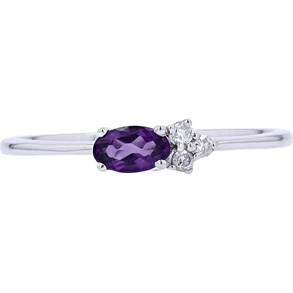 10K White Gold Oval Amethyst Ring with Diamond Accents - 0.04 Carat Total Diamond Weight