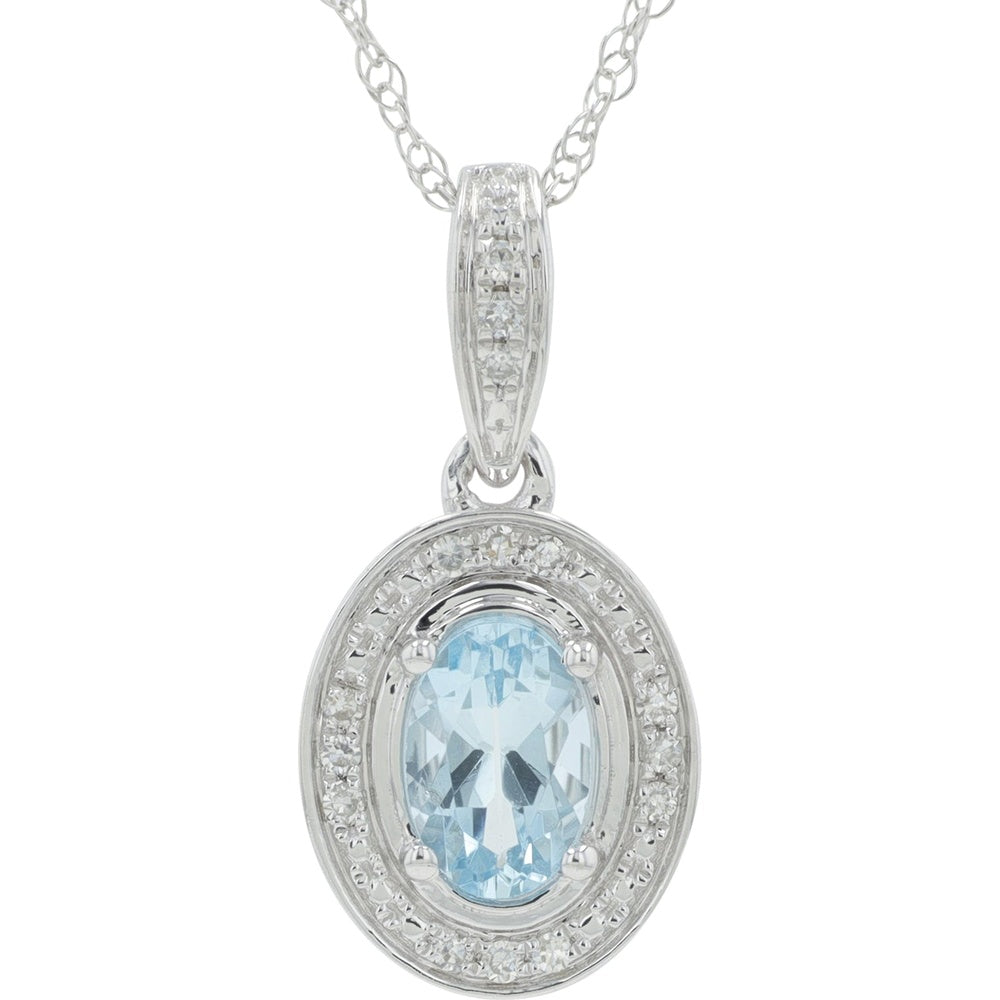 10K White Gold Oval Aquamarine Halo Pendant with Round Diamond Accents - 0.04 Carat Total Diamond Weight
