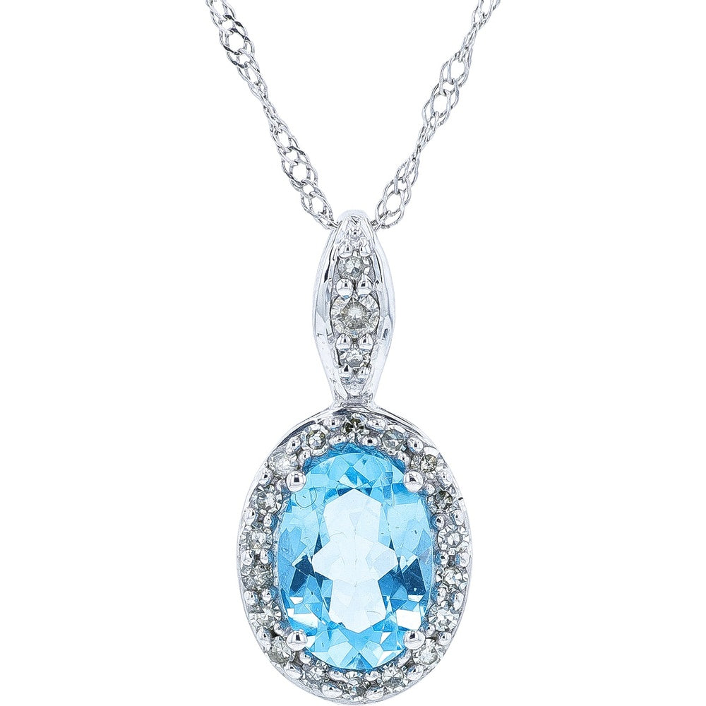 10K White Gold Oval Blue Topaz Halo Pendant with Diamond Accented Bale - 1.00 Carat Blue Topaz and 0.12 Carat Total Diamond Weight