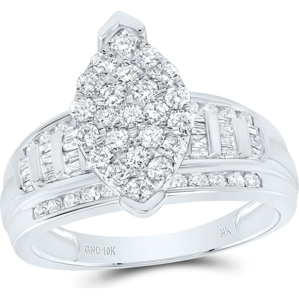 10K White Gold Oval Bridal Engagement Ring with Round and Baguette Diamonds - 1 Carat Total Diamond Weight