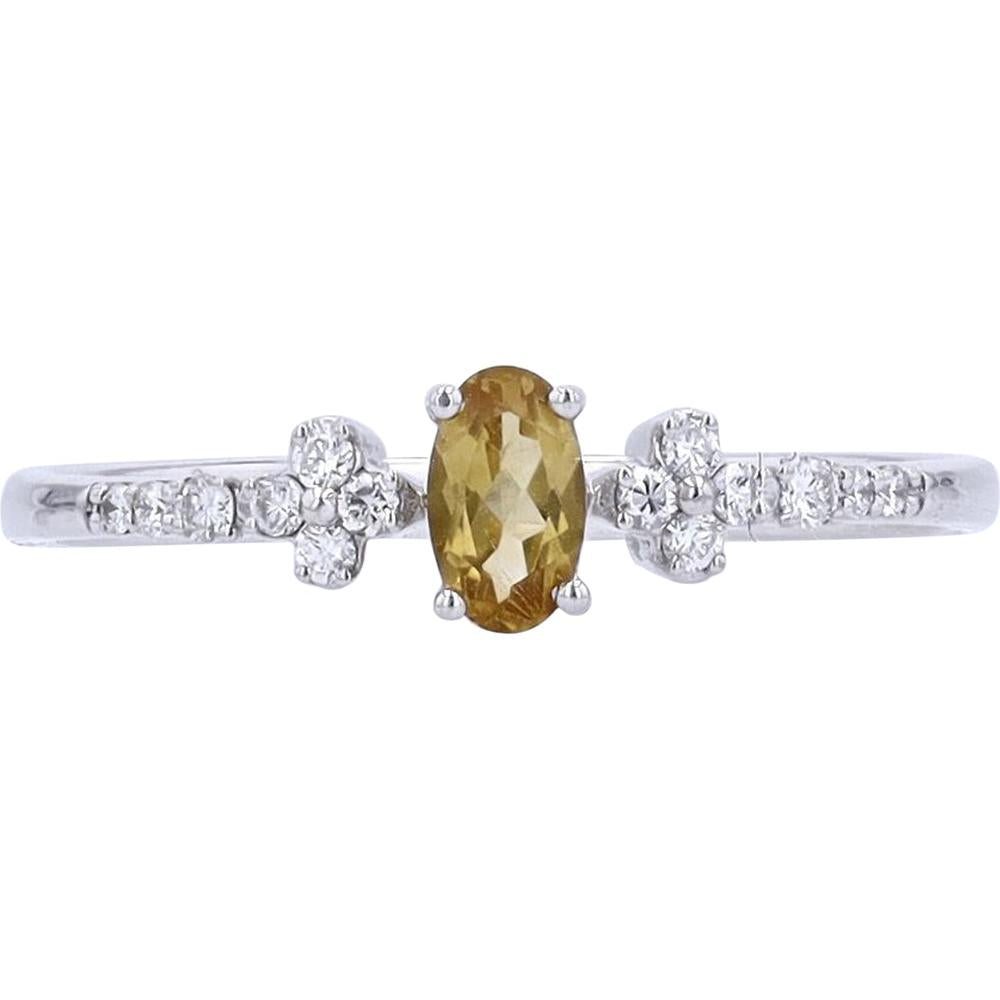 10K White Gold Oval Citrine and Diamond Accent Ring - 0.10 Carats Total Diamond Weight