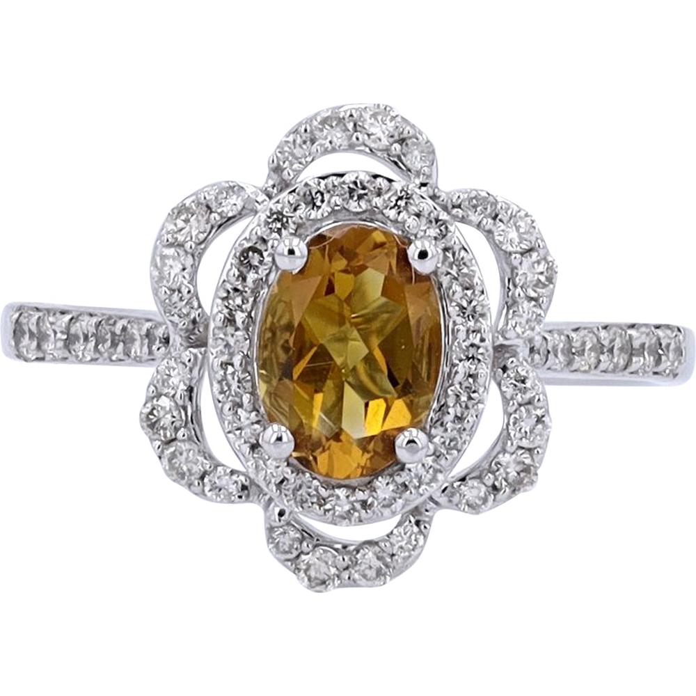 10K White Gold Oval Citrine Flower Ring with Diamond Halo - 0.66 Carat Total Gemstone Weight, 0.40 Carat Total Diamond Weight