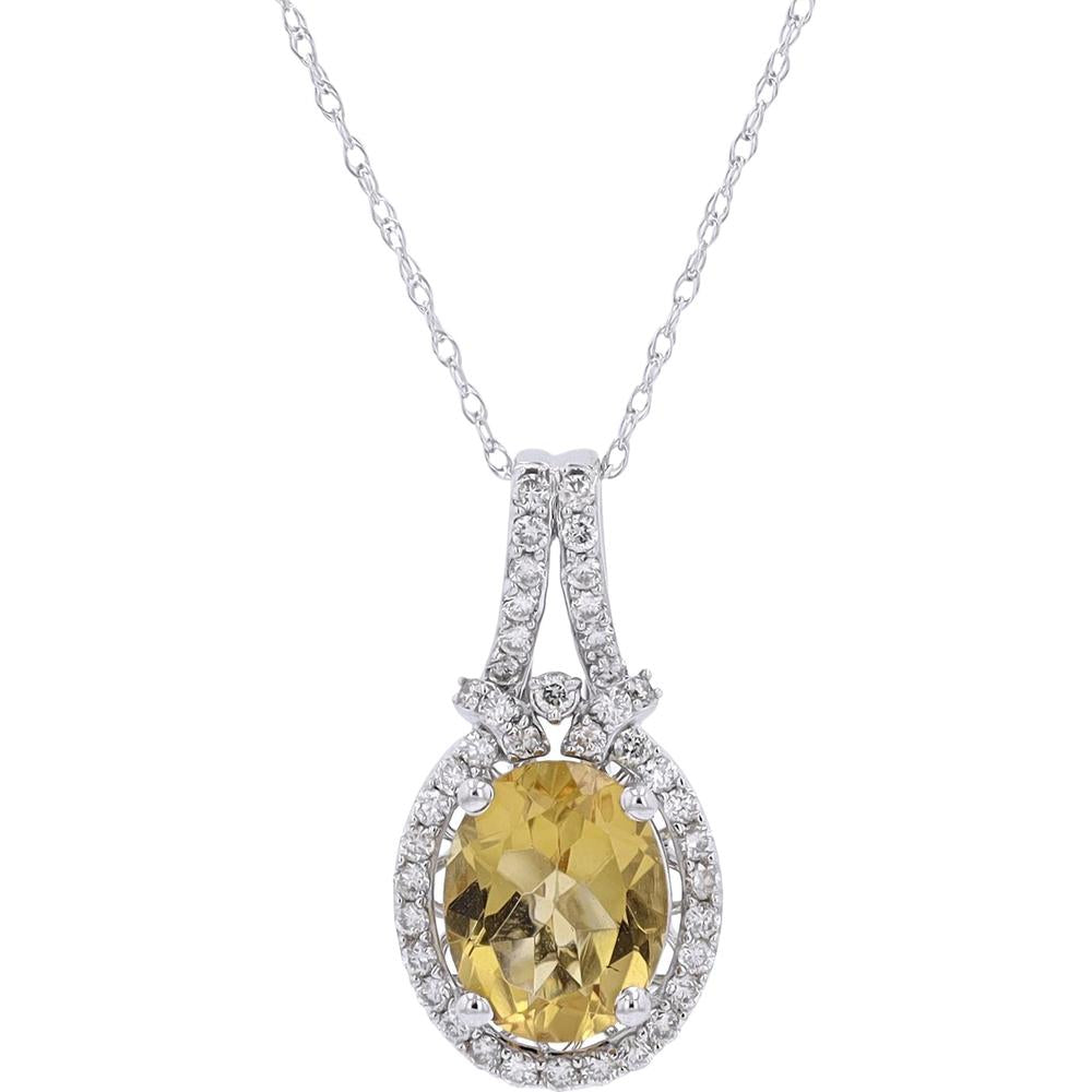 10K White Gold Oval Citrine Pendant with Diamond Halo - 1.70 Carat Citrine and 0.30 Carat Diamond Total Weight