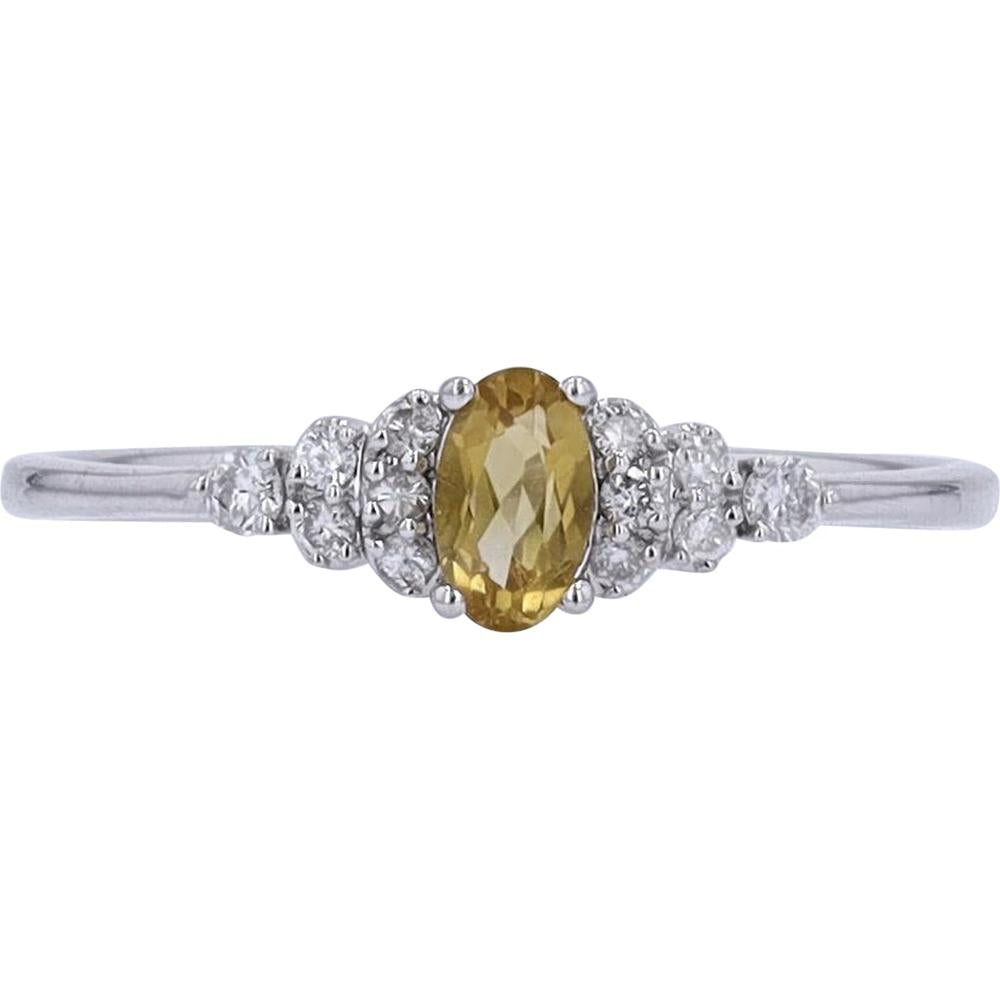 10K White Gold Oval Citrine Ring with Diamond Accents - 0.11 Carat Total Diamond Weight