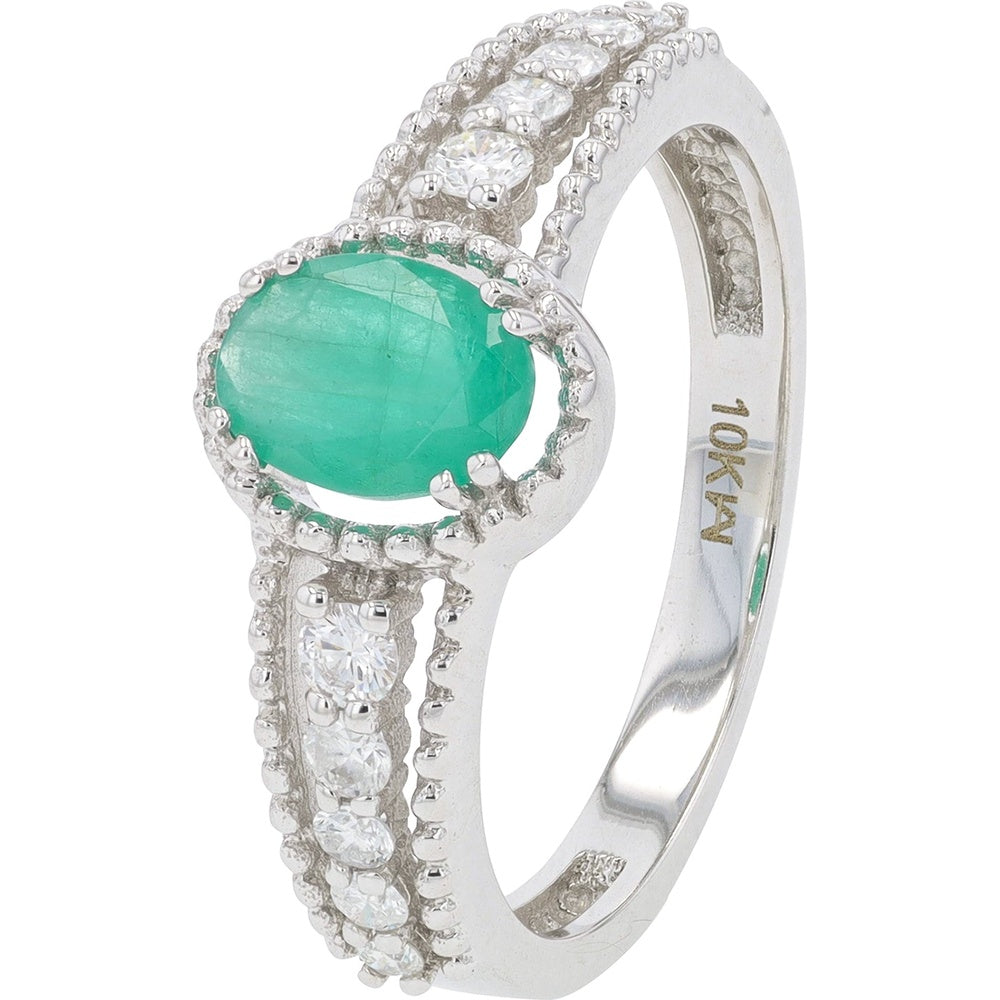 10K White Gold Oval-Cut Emerald Ring with Milgrain Halo and Diamond Accents - 0.80 Carat Emerald and 0.26 Carat Total Diamond Weight