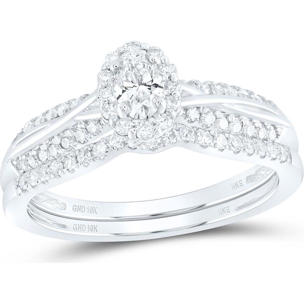 10K White Gold Oval Diamond Halo Bridal Wedding Ring Set with Sapphire Accents - 1/2 Carat Total Diamond Weight