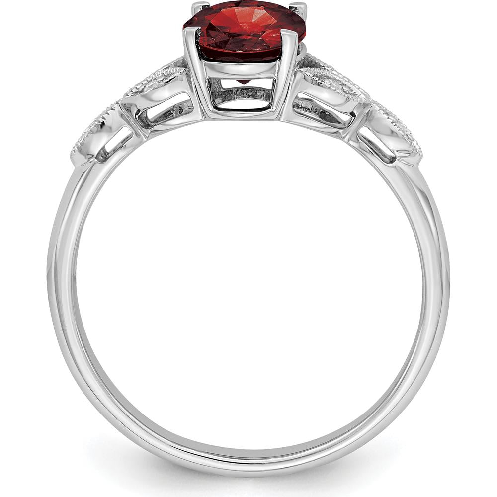 10K White Gold Oval Garnet and Diamond Ring with Milgrain Detail and Rhodium Plating by 0