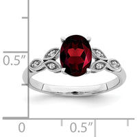 10K White Gold Oval Garnet and Diamond Ring with Milgrain Detail and Rhodium Plating by 0