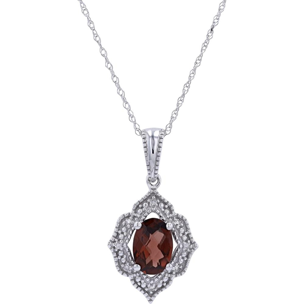 10K White Gold Oval Garnet Pendant with Diamond Halo - 0.03 Carats Total Diamond Weight