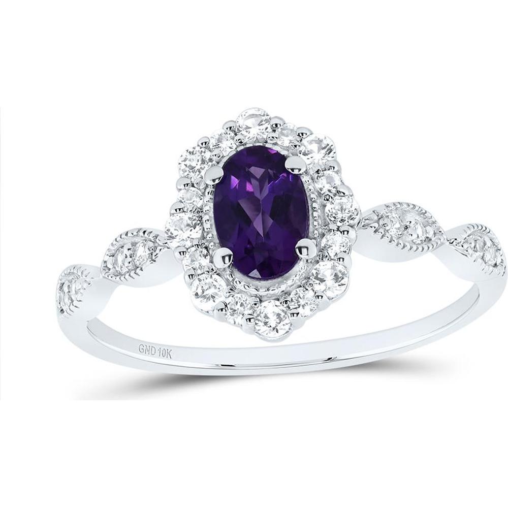 10K White Gold Oval Lab Grown Amethyst and Lab-Created White Sapphire Halo Ring - 0.78 Carat Total Gemstone Weight