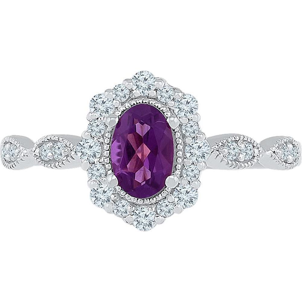 10K White Gold Oval Lab Grown Amethyst and Lab-Created White Sapphire Halo Ring - 0.78 Carat Total Gemstone Weight