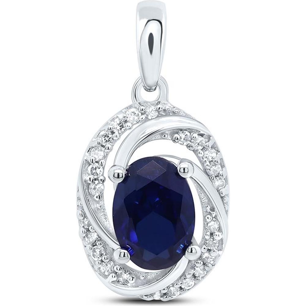 10K White Gold Oval Lab Grown Blue Sapphire Pendant with Diamond Halo - 1.33 Carat Total Gem Weight