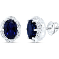 10K White Gold Oval Lab Grown Blue Sapphire Stud Earrings with Diamond Halo - 2.50 Carat Total Gem Weight