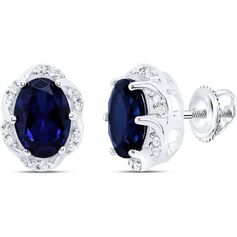 10K White Gold Oval Lab Grown Blue Sapphire Stud Earrings with Diamond Halo - 2.50 Carat Total Gem Weight