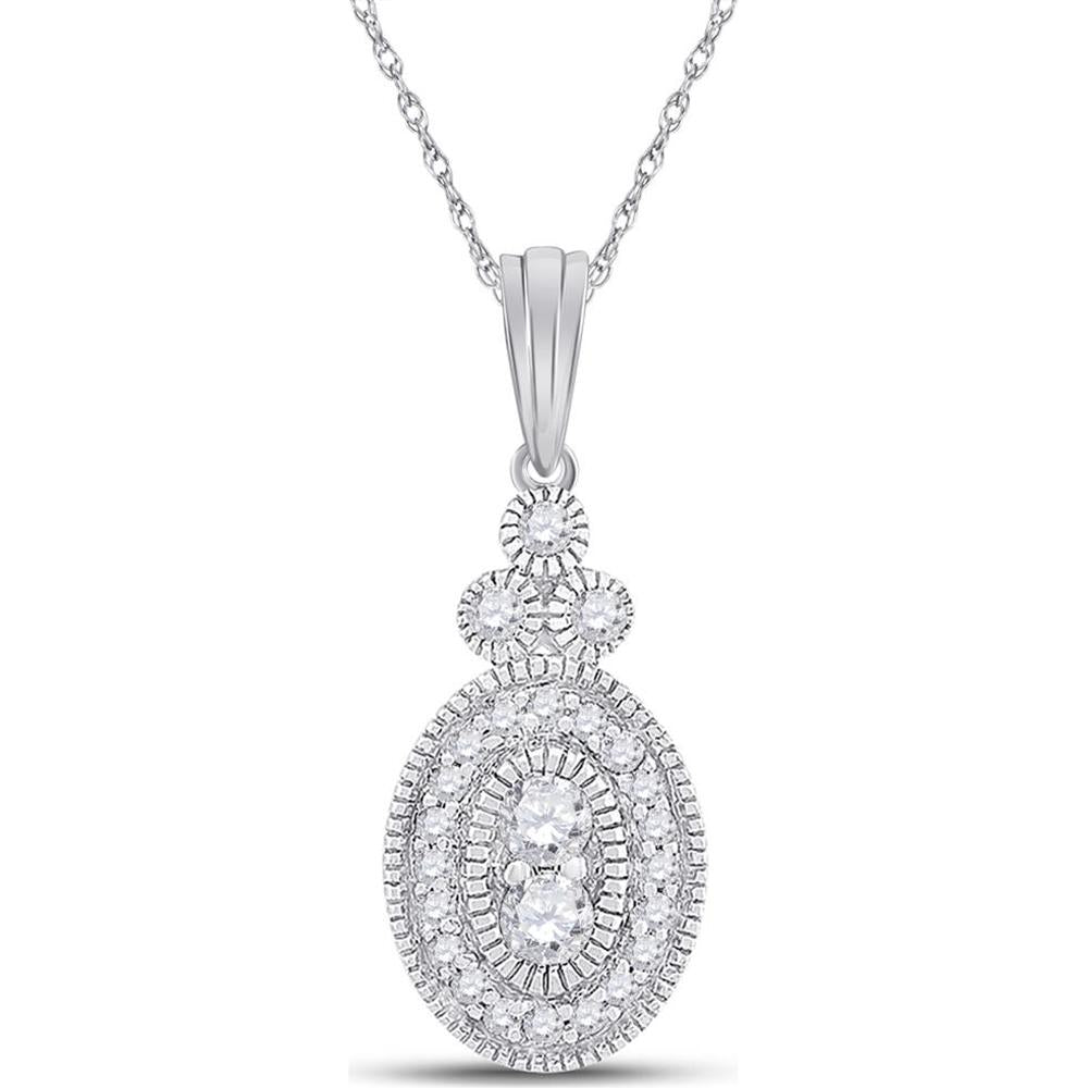 10K White Gold Oval Pendant with Prong and Bezel Set Round Diamonds - 1/5 Carat Total Diamond Weight