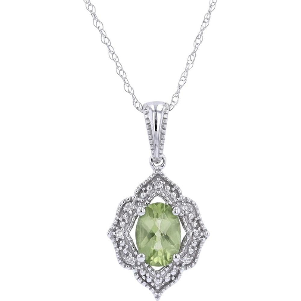 10K White Gold Oval Peridot Pendant with Diamond Halo and Milgrain Detailing - 0.03 Carats Total Diamond Weight