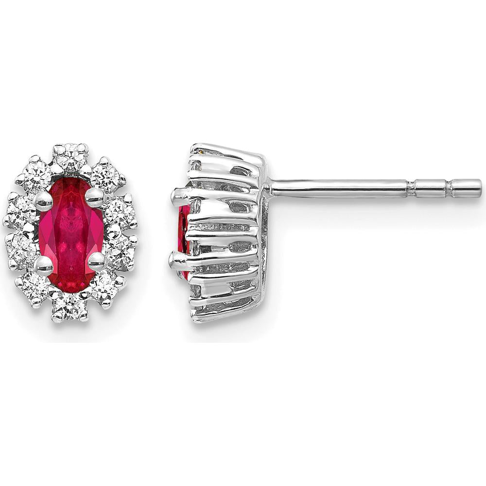 10K White Gold Oval Ruby and Diamond Halo Button Earrings - 0.33 Carat Ruby Total Weight, 0.20 Carat Diamond Total Weight by Monteluci Fine Jewelry