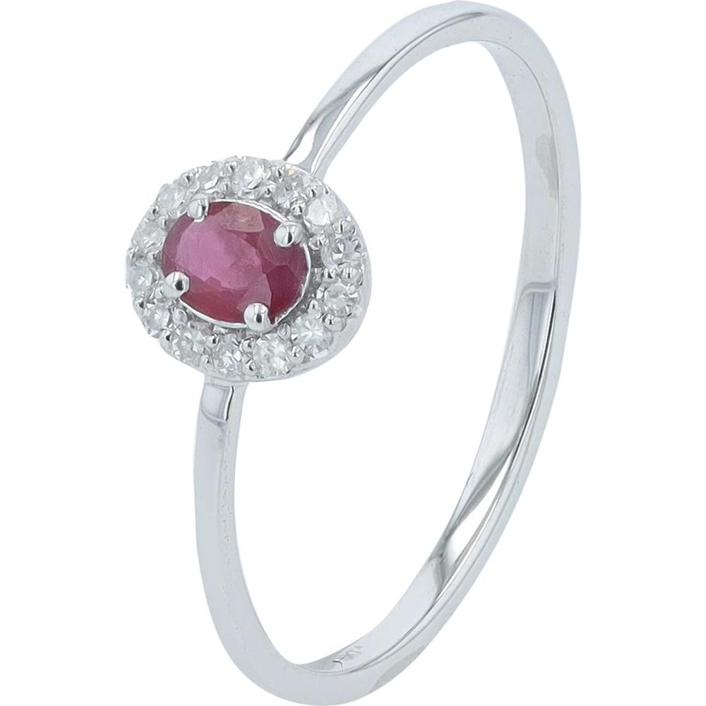 10K White Gold Oval Ruby and Diamond Halo Ring - 0.18 Carats Ruby, 0.08 Carats Diamond