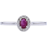 10K White Gold Oval Ruby and Diamond Halo Ring - 0.18 Carats Ruby, 0.08 Carats Diamond
