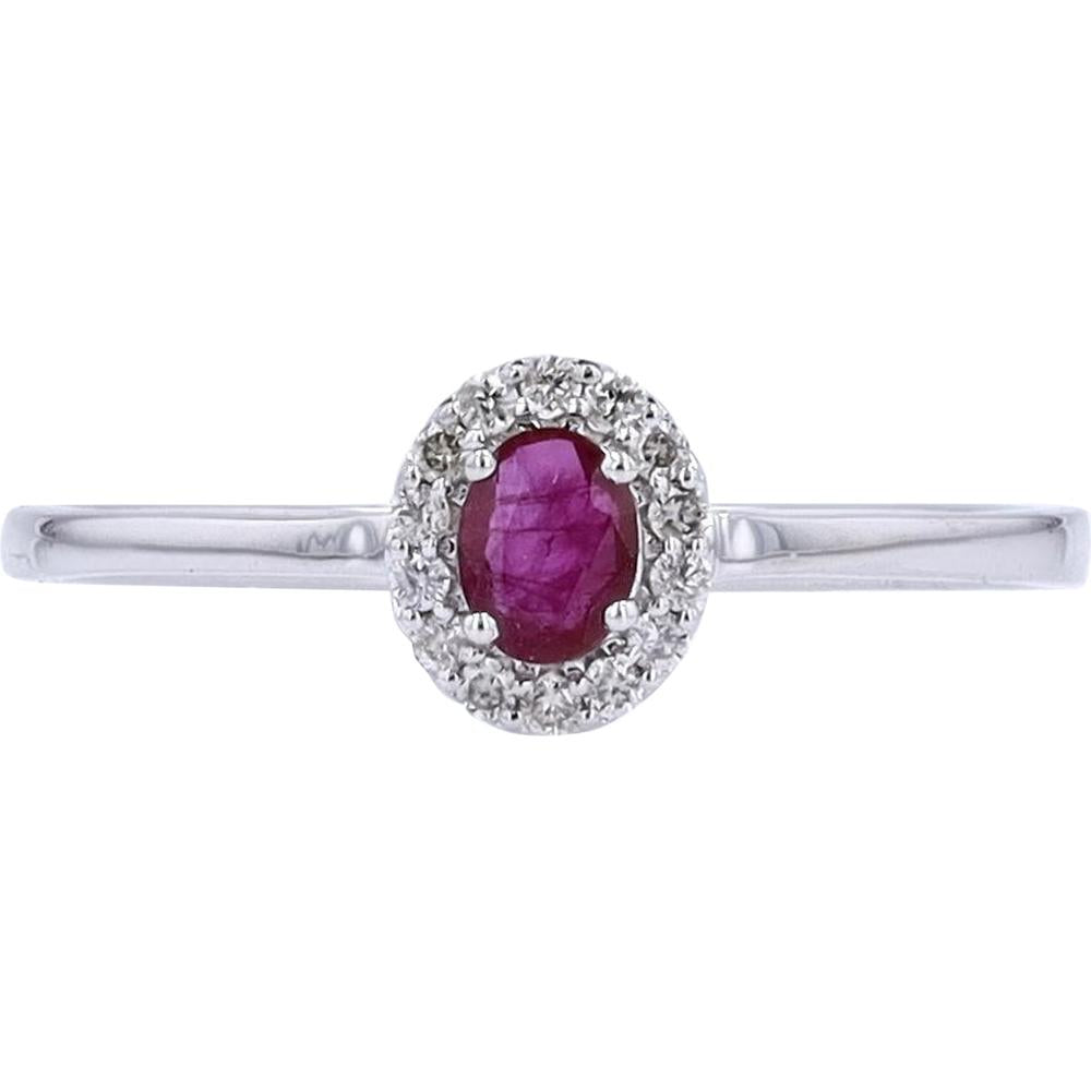 10K White Gold Oval Ruby and Diamond Halo Ring - 0.18 Carats Ruby, 0.08 Carats Diamond