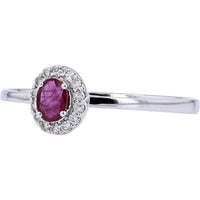 10K White Gold Oval Ruby and Diamond Halo Ring - 0.18 Carats Ruby, 0.08 Carats Diamond