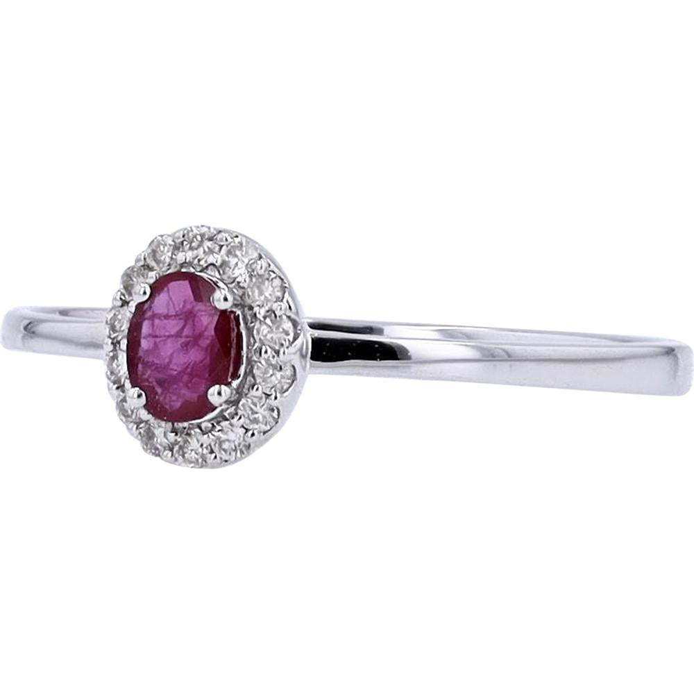 10K White Gold Oval Ruby and Diamond Halo Ring - 0.18 Carats Ruby, 0.08 Carats Diamond