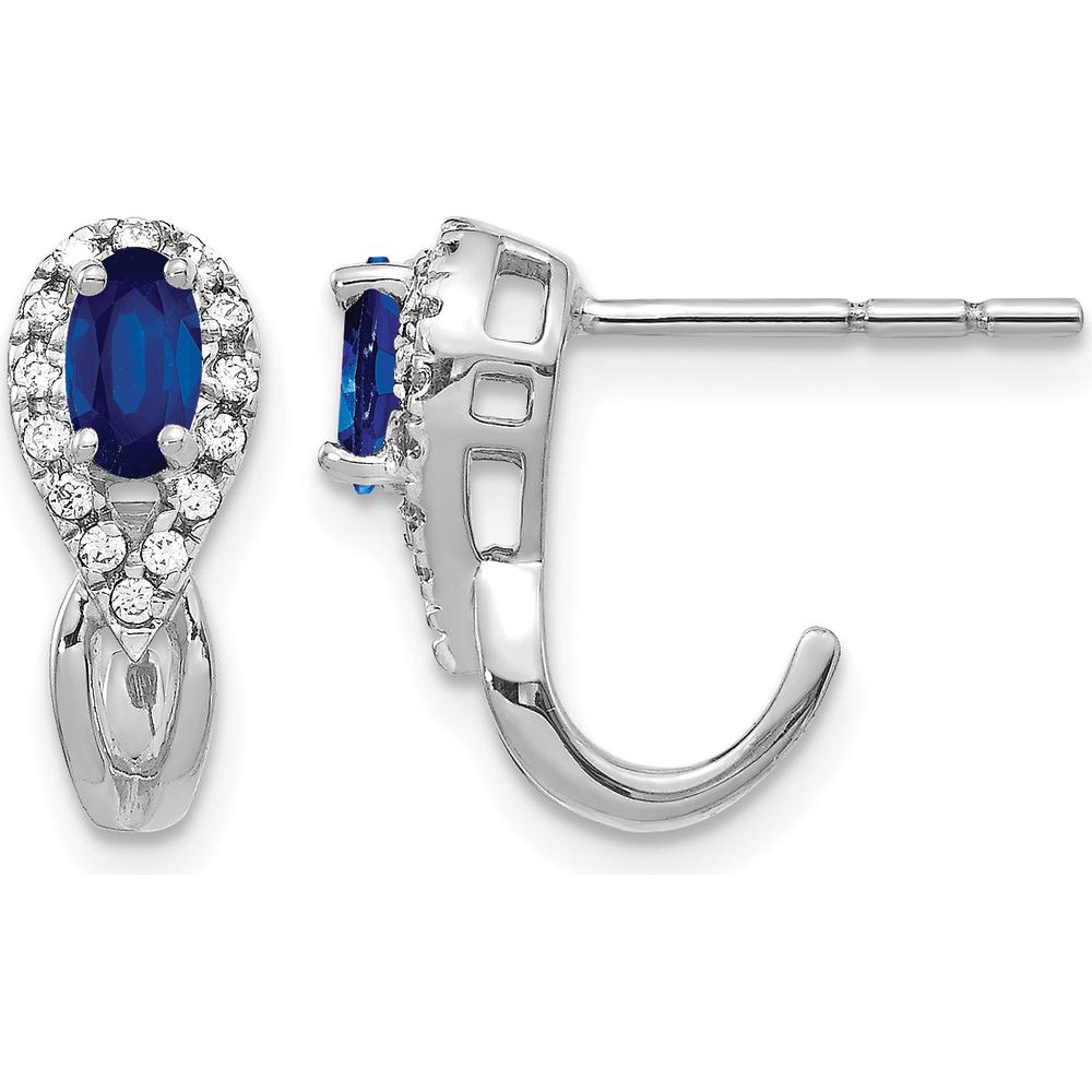 10K White Gold Oval Sapphire and Diamond J Hoop Post Earrings - 0.25 Carat Total Sapphire Weight, 0.005 Carat Total Diamond Weight by Monteluci Fine Jewelry