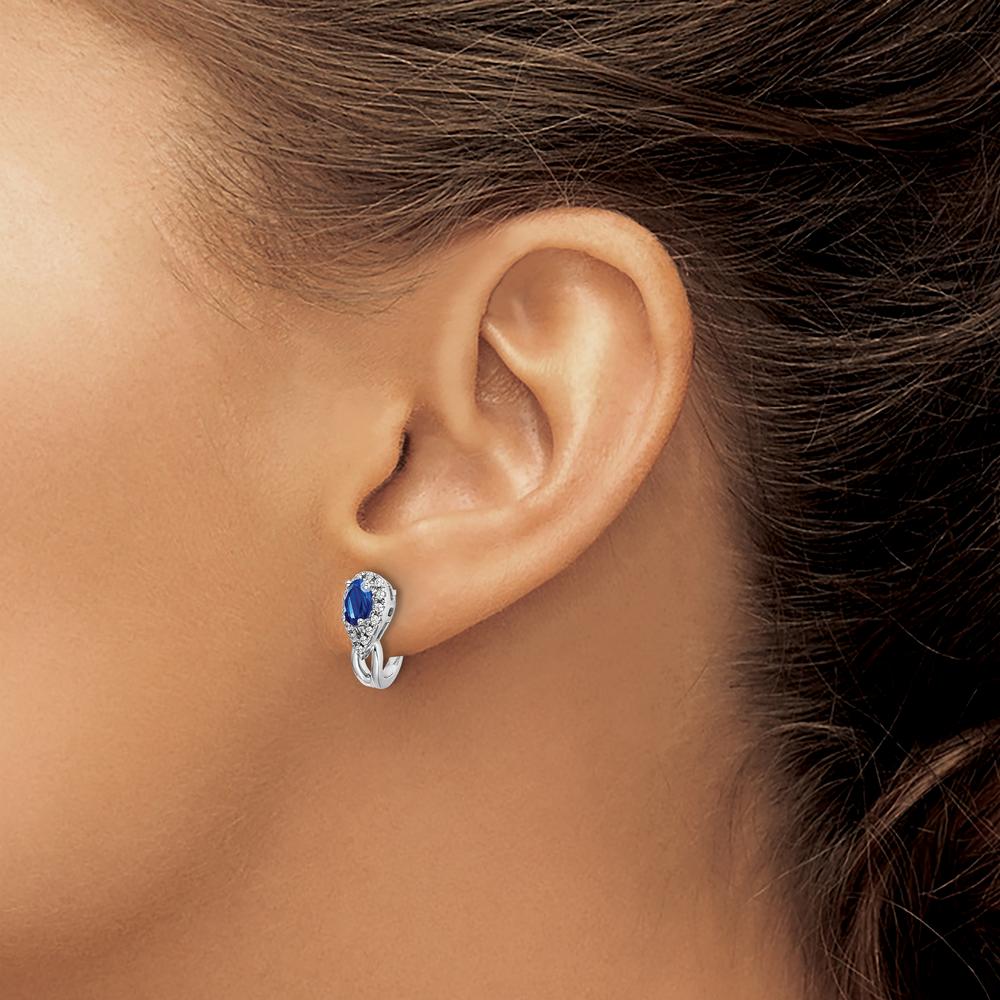 10K White Gold Oval Sapphire and Diamond J Hoop Post Earrings - 0.25 Carat Total Sapphire Weight, 0.005 Carat Total Diamond Weight by Monteluci Fine Jewelry