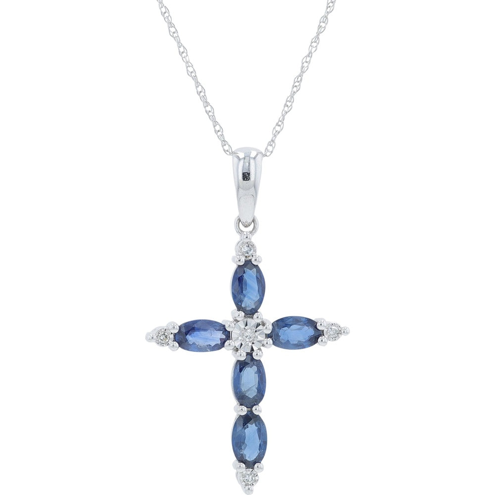 10K White Gold Oval Sapphire Cross Pendant with Round Diamond Accents - 0.03 Carat Total Diamond Weight