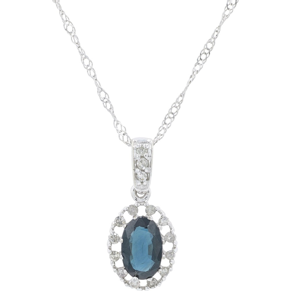 10K White Gold Oval Sapphire Pendant with Diamond Halo - 0.60 Carat Sapphire and 0.08 Carat Total Diamond Weight