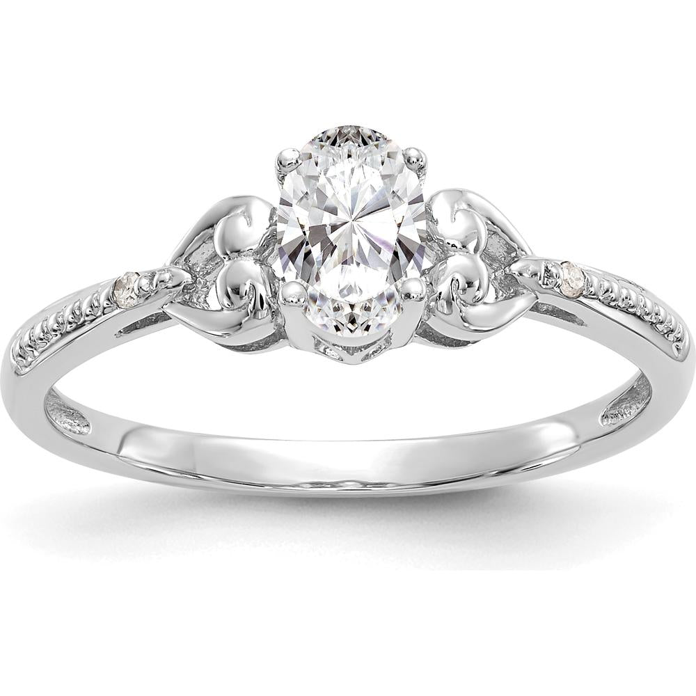 10K White Gold Oval White Topaz and Round Diamond Ring with Prong Set Stones - 0.55 Carat Topaz, 0.01 Carat Total Diamond Weight