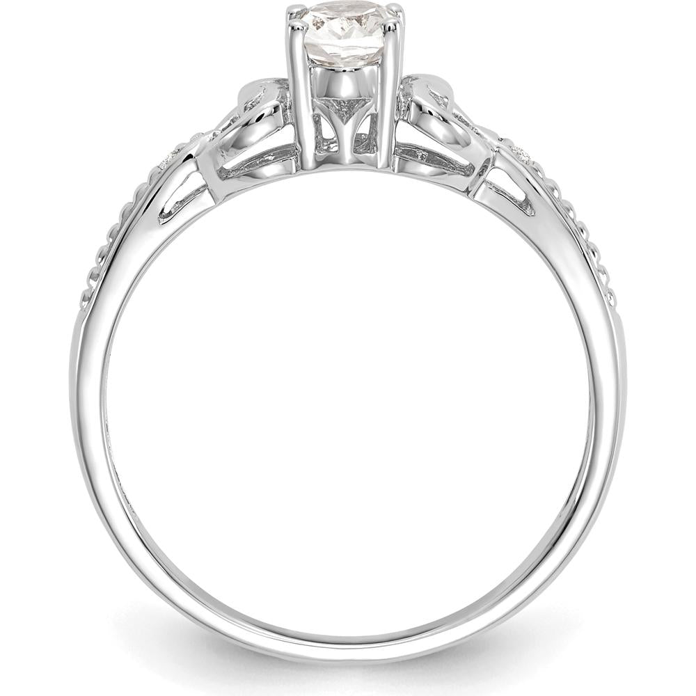 10K White Gold Oval White Topaz and Round Diamond Ring with Prong Set Stones - 0.55 Carat Topaz, 0.01 Carat Total Diamond Weight