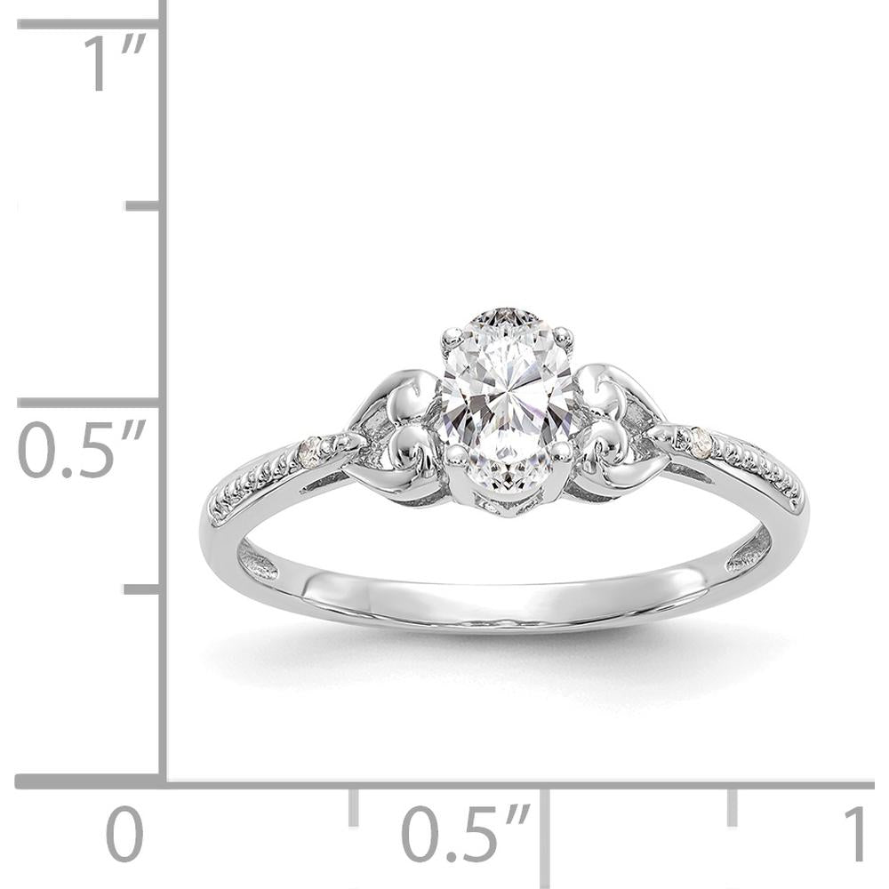 10K White Gold Oval White Topaz and Round Diamond Ring with Prong Set Stones - 0.55 Carat Topaz, 0.01 Carat Total Diamond Weight
