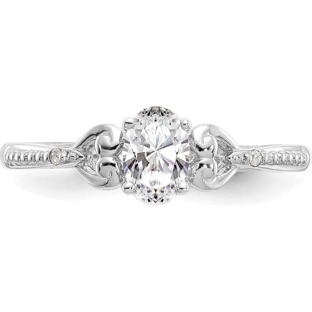 10K White Gold Oval White Topaz and Round Diamond Ring with Prong Set Stones - 0.55 Carat Topaz, 0.01 Carat Total Diamond Weight