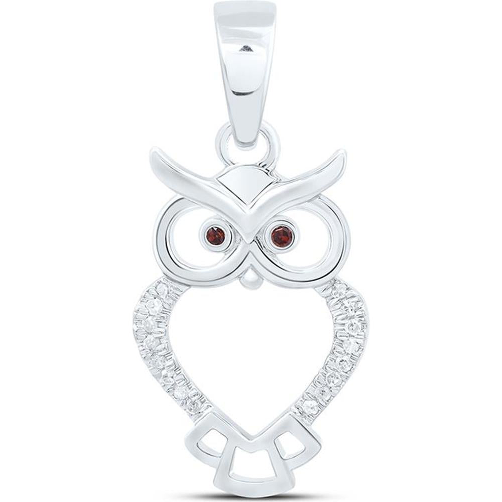 10K White Gold Owl Pendant with Round Red Diamonds - 0.05 Carat Total Weight