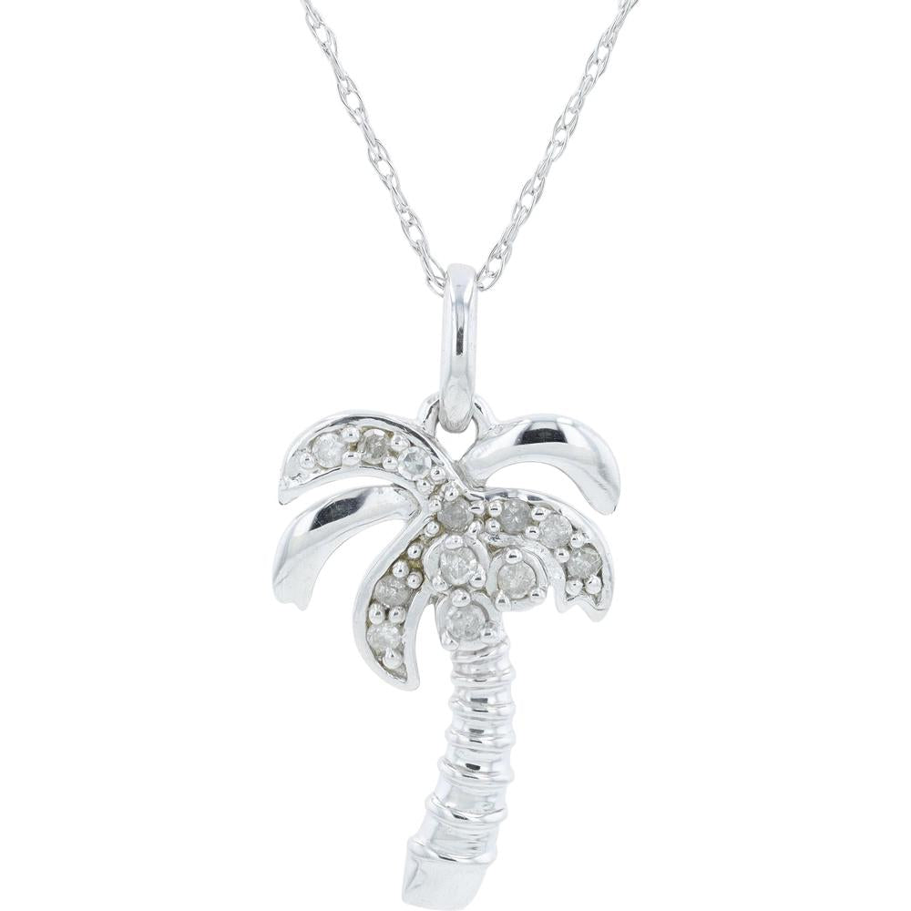 10K White Gold Palm Tree Pendant with 1/10 Total Carat Weight Diamonds - Tropical Motif Necklace