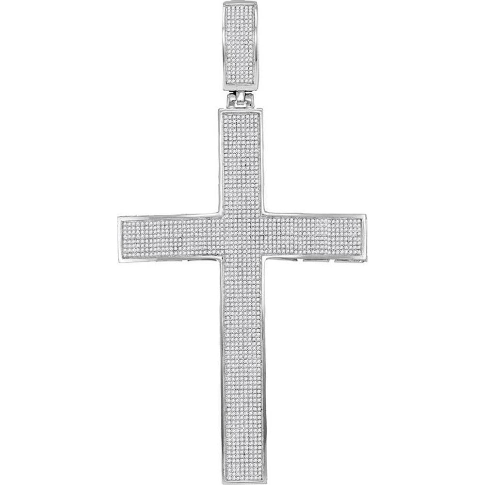 10K White Gold Pave-Set Round Diamond Cross Pendant - 2.20 Carat Total Diamond Weight
