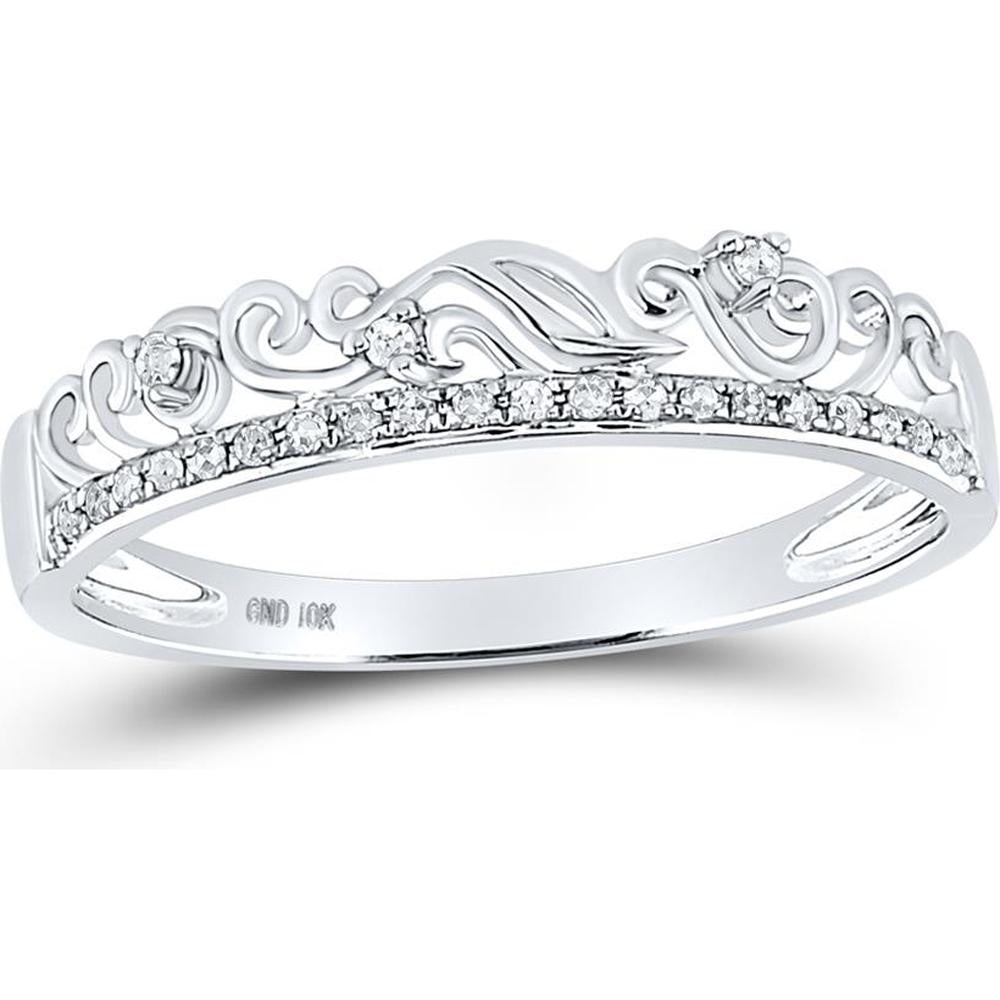 10K White Gold Pave-Set Round Diamond Filigree Tiara Band Ring - 1/12 Carat Total Diamond Weight