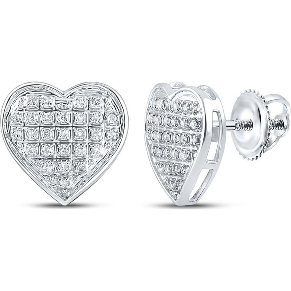 10K White Gold Pave-Set Round Diamond Heart Stud Earrings with Screw Backs - 1/6 Carat Total Diamond Weight