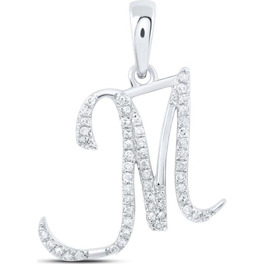 10K White Gold Pave-Set Round Diamond "M" Initial Pendant - 1/6 Carat Total Diamond Weight