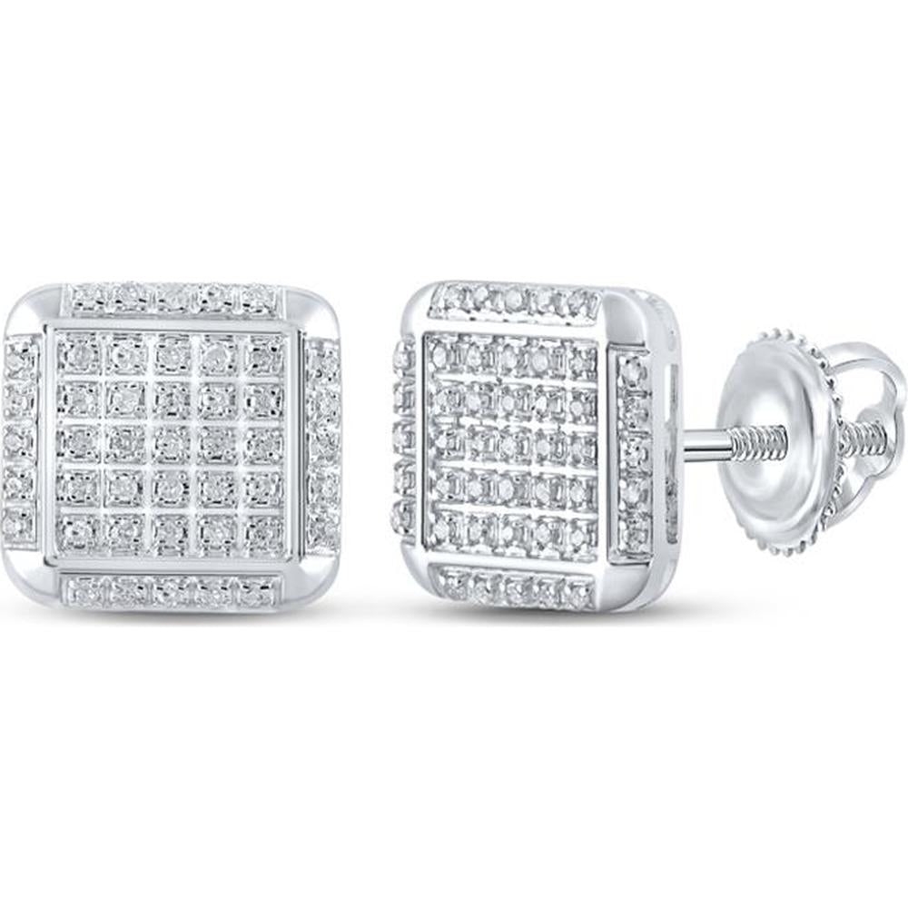 10K White Gold Pavé-Set Round Diamond Square Stud Earrings - 1/4 Carat Total Diamond Weight