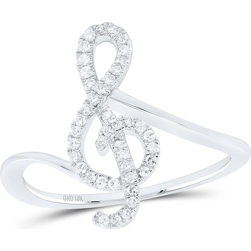 10K White Gold Pavé-Set Round Diamond Treble Clef Motif Ring - 0.16 Carat Total Diamond Weight