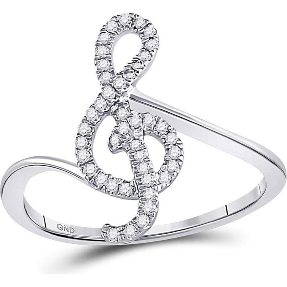 10K White Gold Pavé-Set Round Diamond Treble Clef Motif Ring - 0.16 Carat Total Diamond Weight
