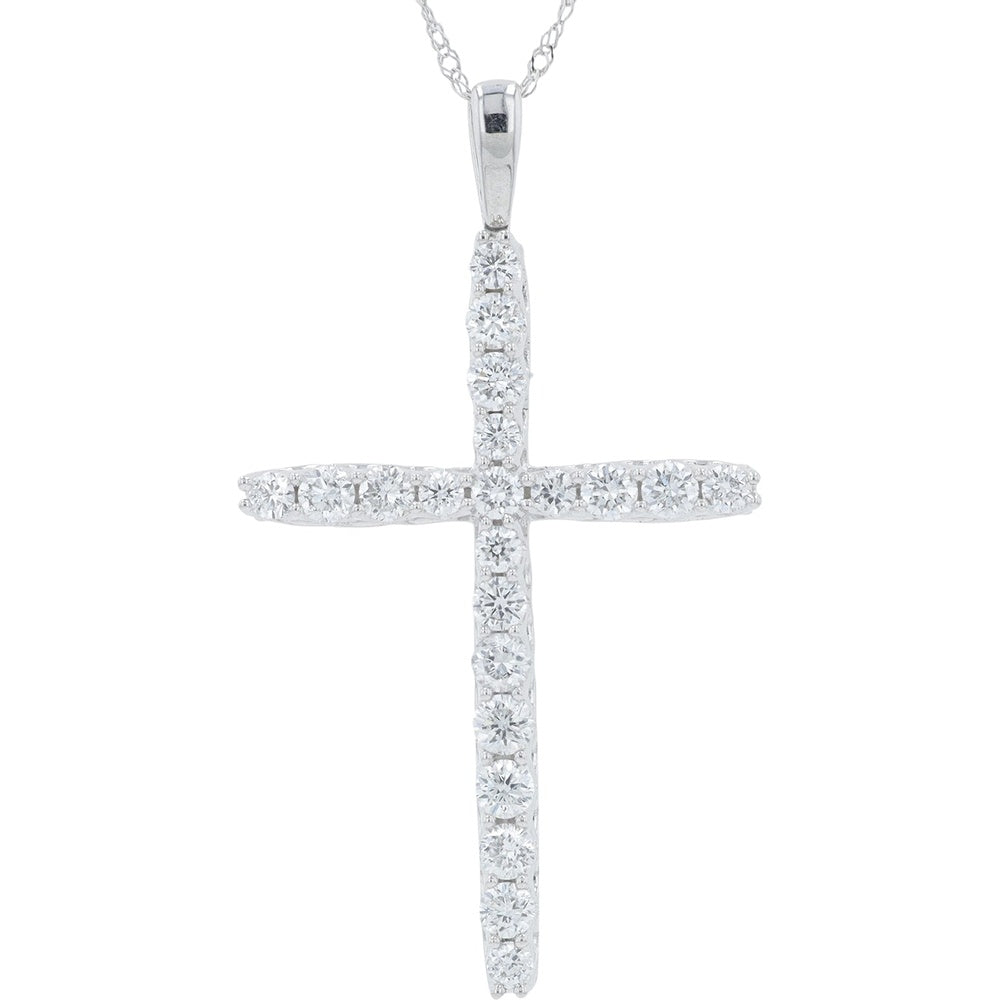 10K White Gold Pavé-Set Round Lab Grown Diamond Cross Pendant - 1.00 Carat Total Diamond Weight