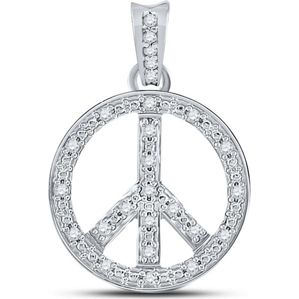 10K White Gold Peace Sign Circle Pendant with Pave-Set Round Diamonds - 0.25 Carat Total Diamond Weight